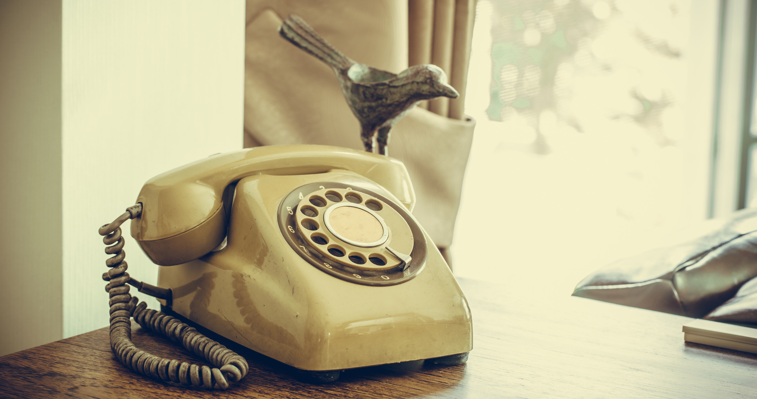 Photo of old rotary phone on a table in front of a window. A small metal bird figurine sits just behind the phone