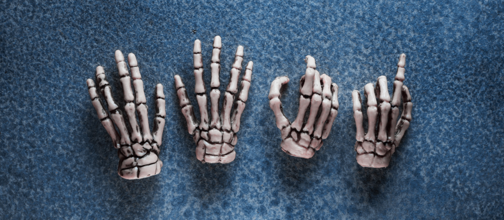 Photo of four decorative skeleton hands